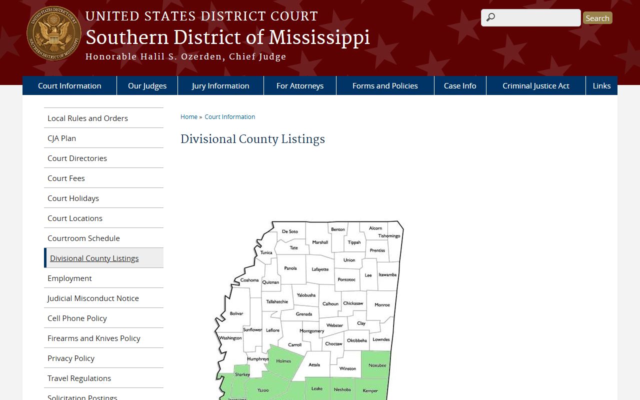 Greene County Circuit Clerk federal divisional county listing for the Southern District of Mississippi