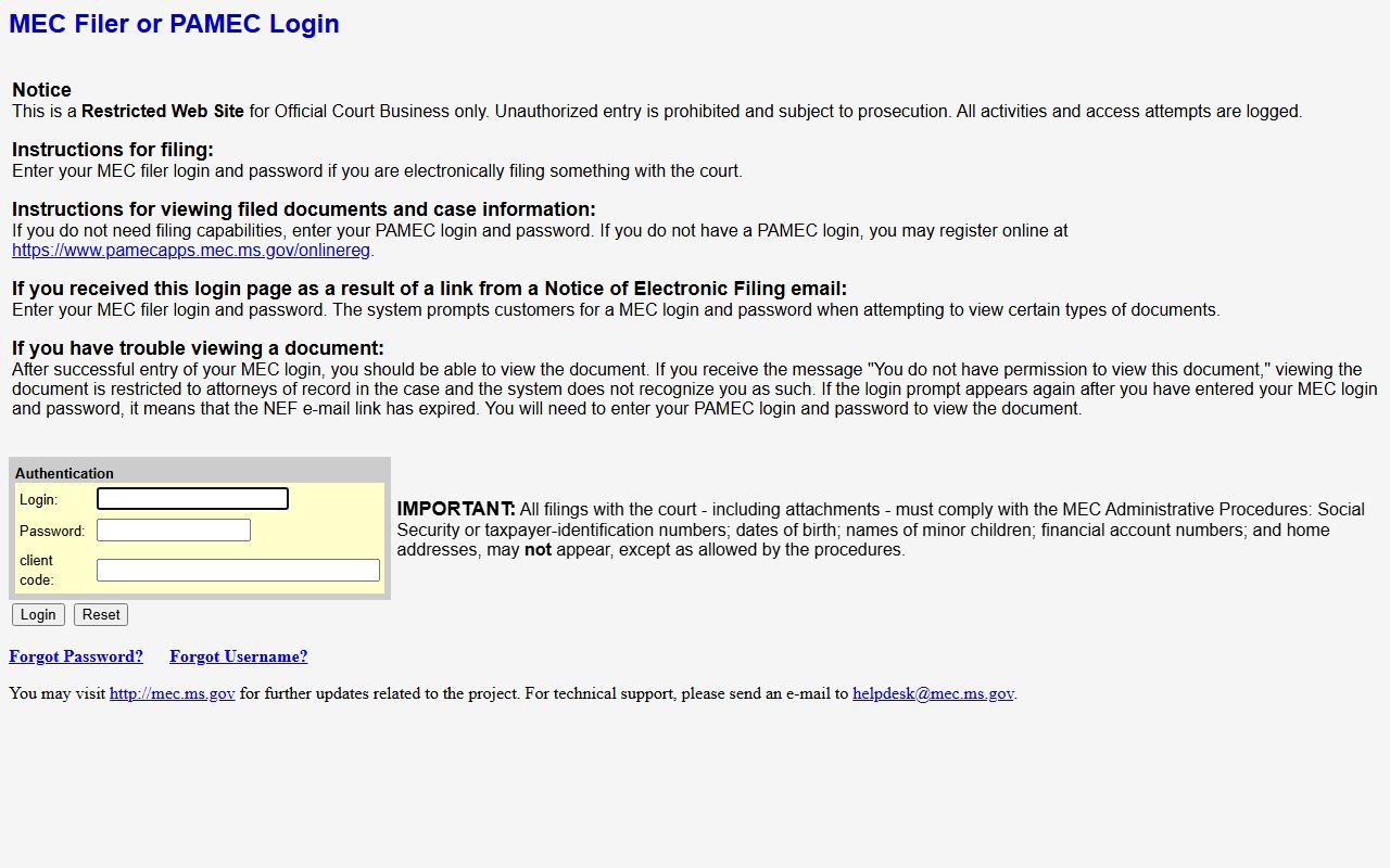 Greene County court records MEC and PAMEC circuit login screen