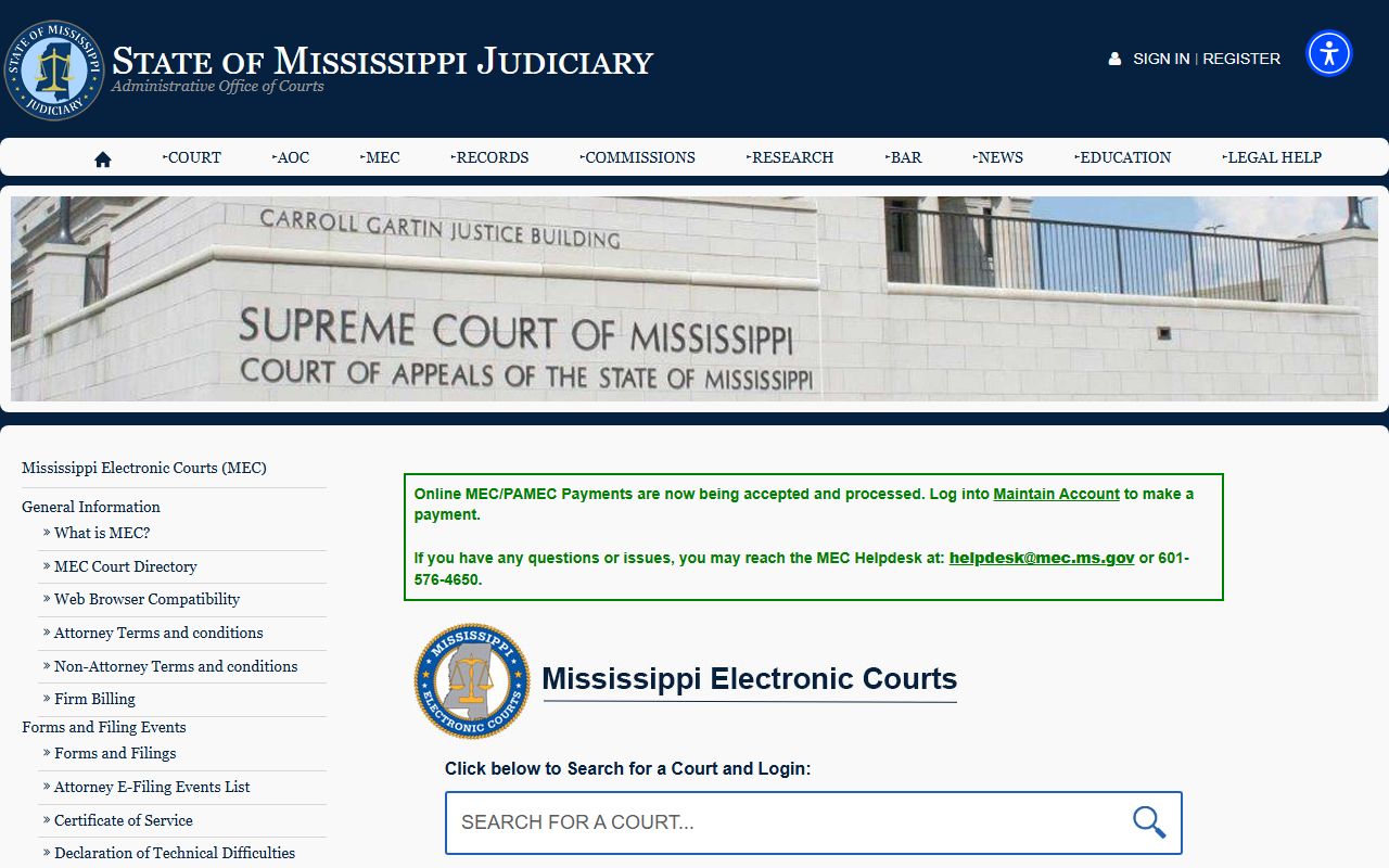 Mississippi Electronic Courts portal used for Greene County court records