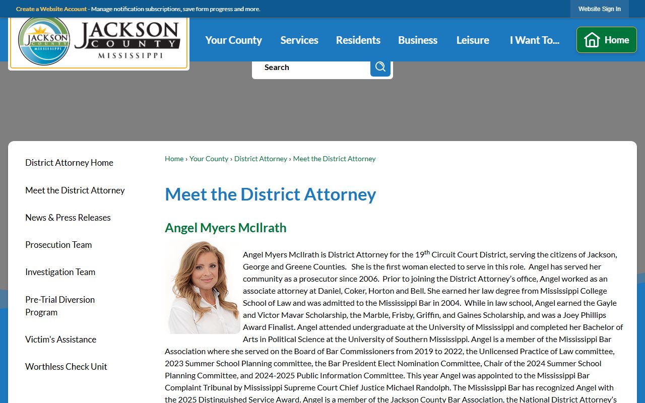 District Attorney biography page connected to Greene County criminal court records