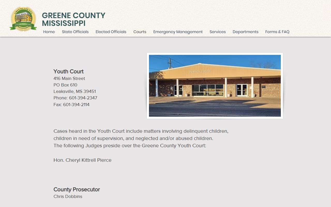 Greene County Youth Court page tied to the Greene County Circuit Court records system