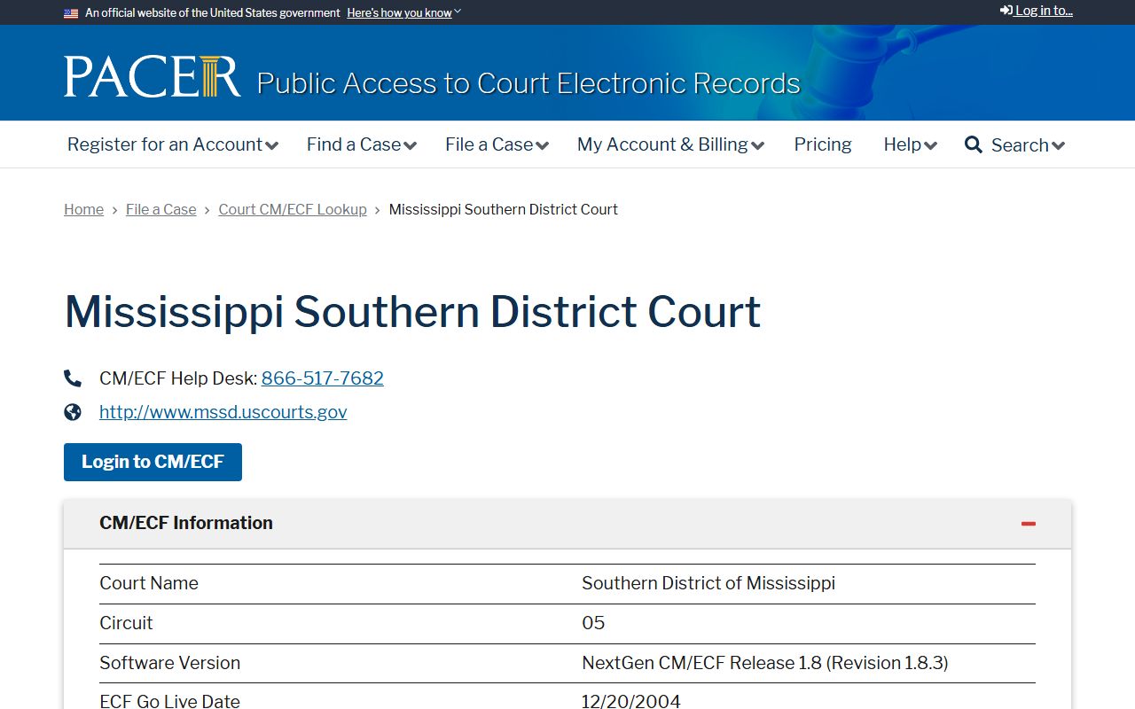PACER CM/ECF lookup page for the federal court holding Greene County Circuit Court overflow cases