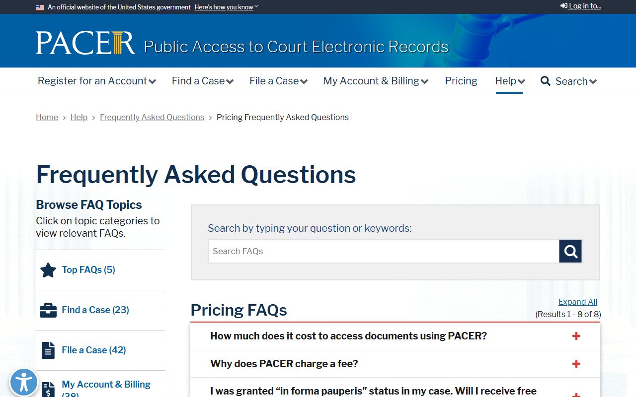 PACER fee schedule page for federal records linked to Greene County Circuit Court cases