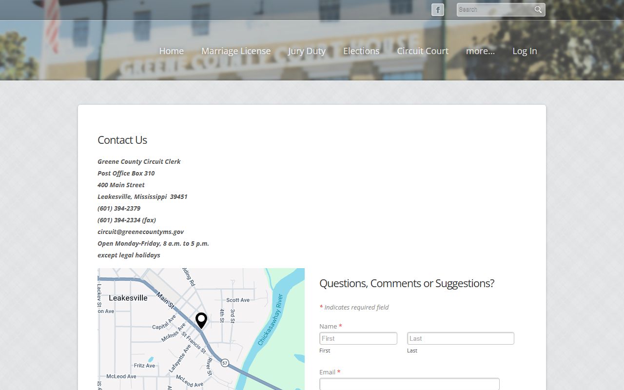 Greene County Circuit Clerk contact page with court records office hours