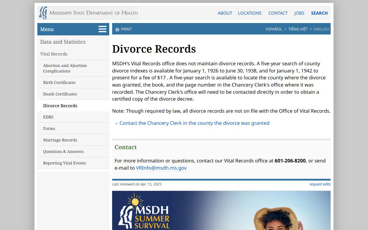 MSDH divorce index page tied to Greene County divorce records