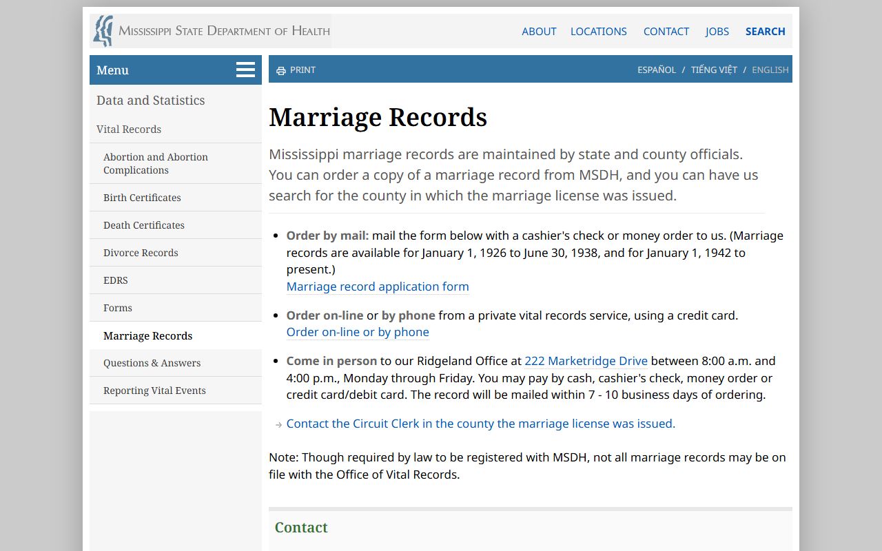 MSDH marriage records page used for Greene County marriage record searches