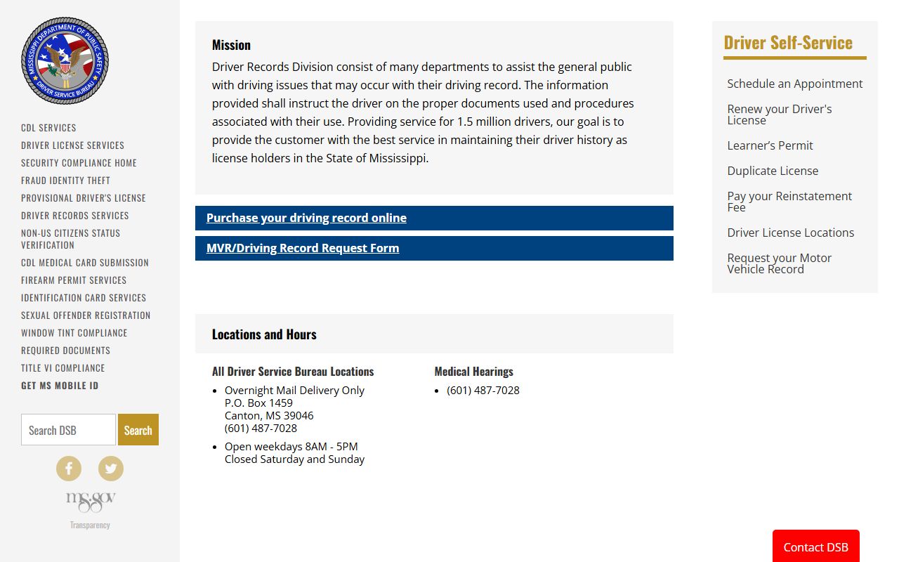 Mississippi DPS Driver Records overview page used for Greene County traffic record lookups