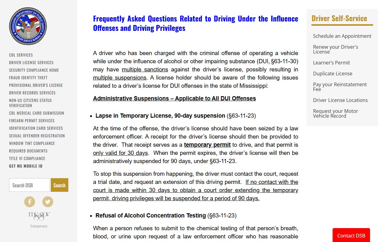 Mississippi DPS DUI department page connected to Greene County traffic court records