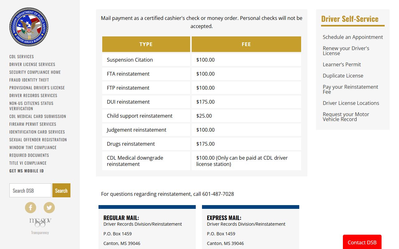 Mississippi DPS reinstatement fee page for Greene County traffic license suspensions