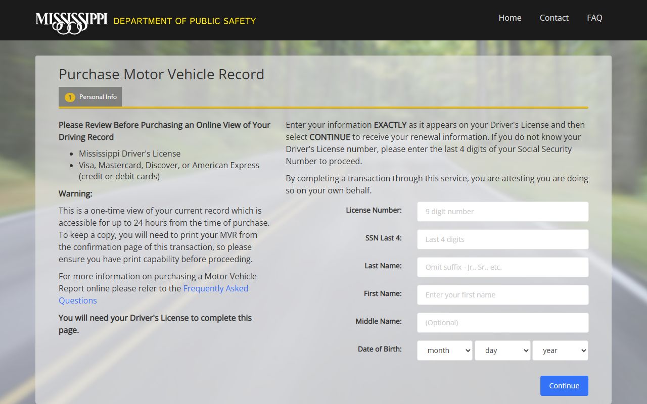 MS.gov motor vehicle record purchase portal for Greene County traffic driver records