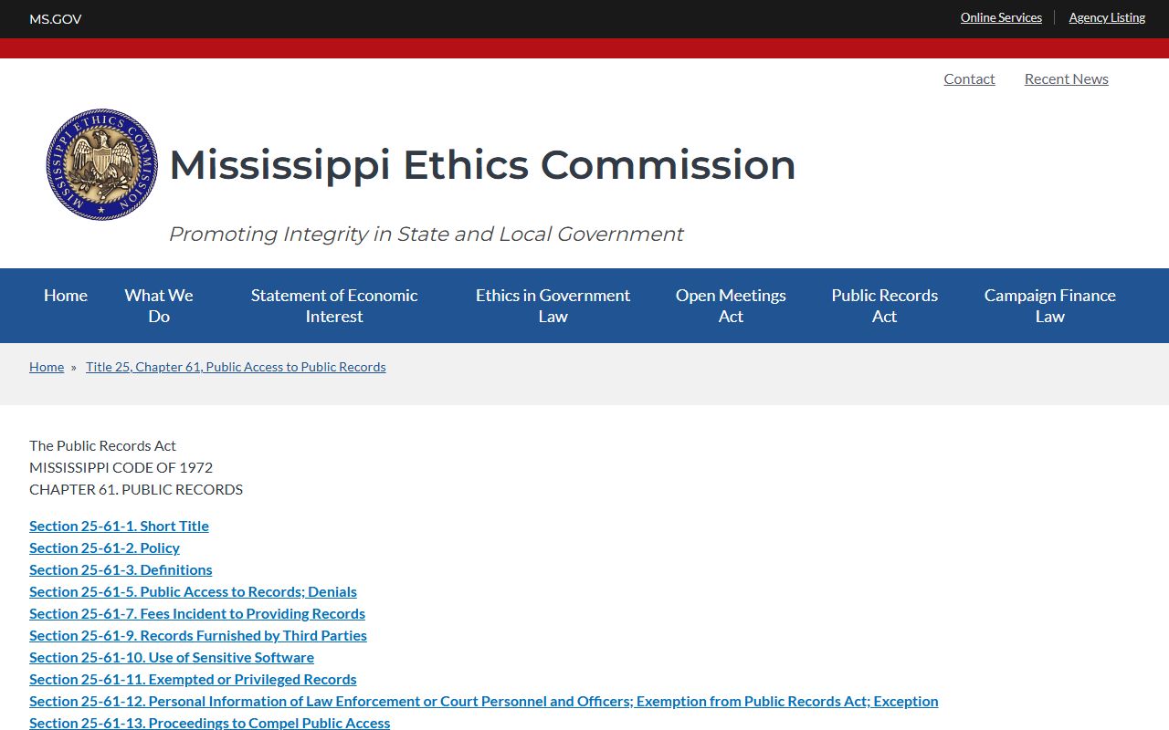 Mississippi Public Records Act text that governs Greene County warrant access